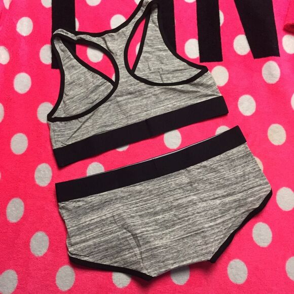 VS PINK L Logo Bra Top + Panty Two Pc Set New Large Gray Black Boyshorts - Picture 2 of 3